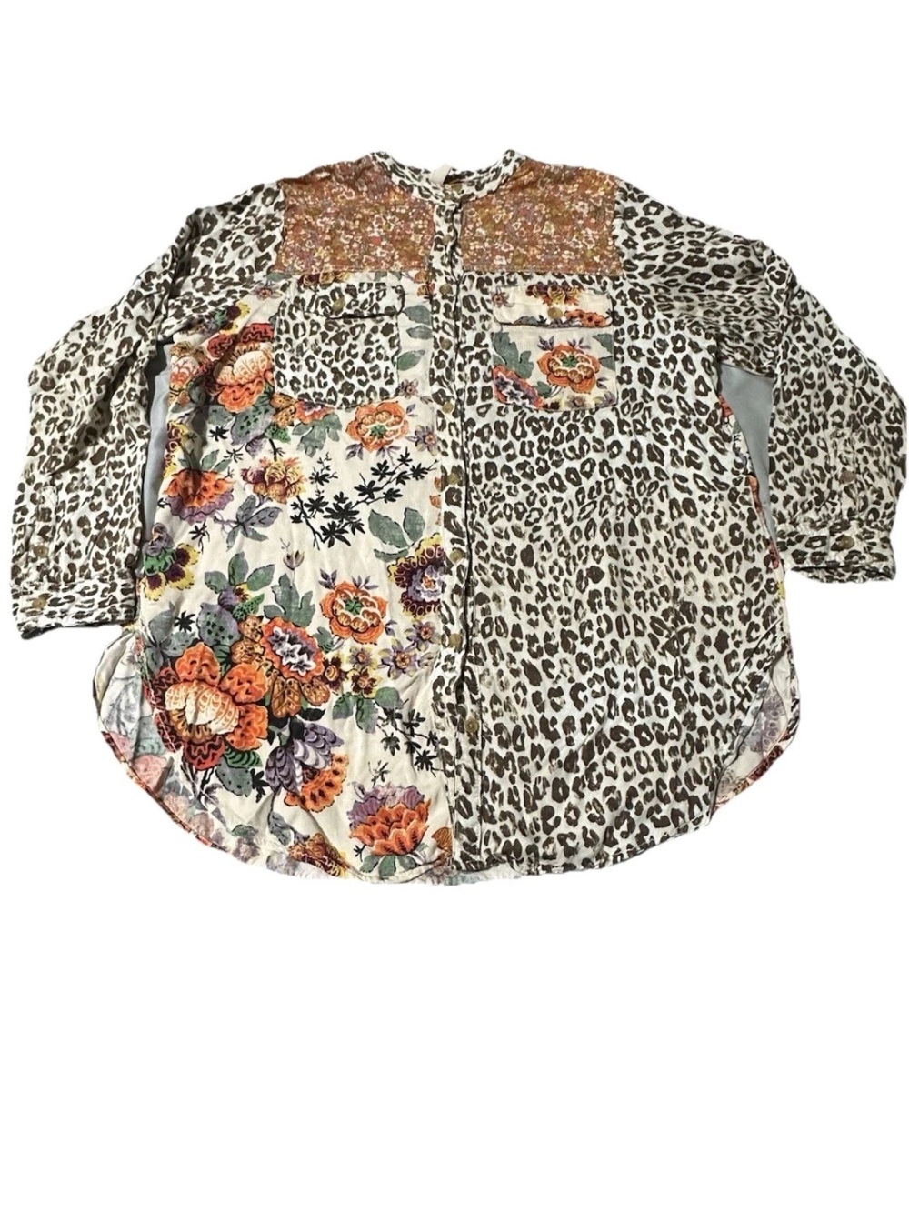 Anthropologie Pilcro Sz L Patchwork Button Up Blouse Floral Leopard Oversized - Picture 8 of 15